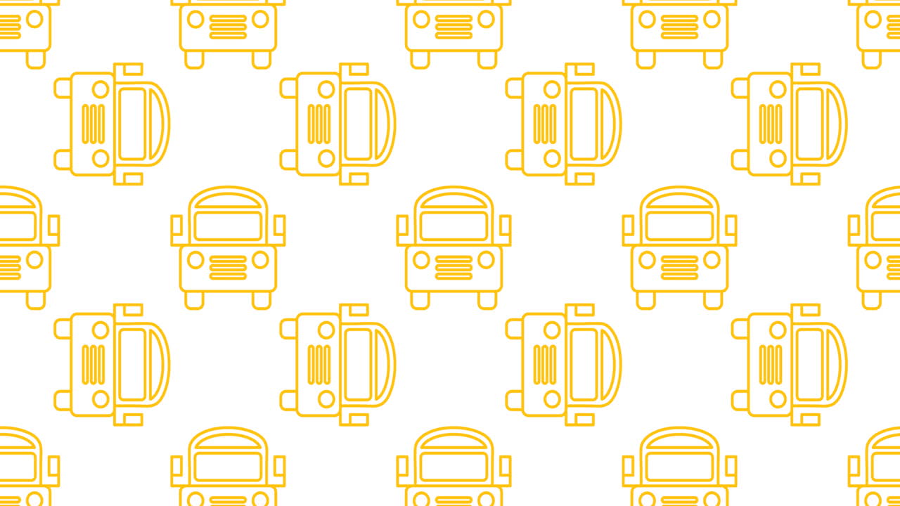 animación de iconos de autobuses escolares que se mueven sobre un fondo blanco