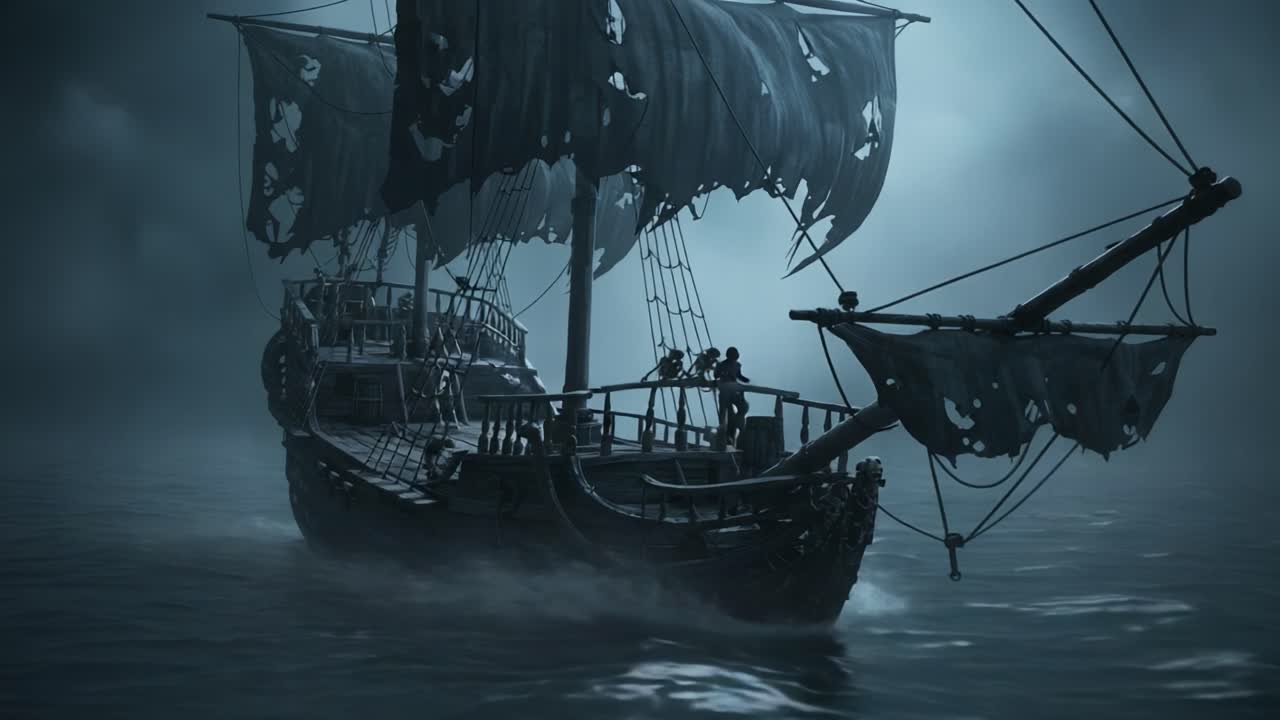 Mysterious Pirate Ship Navigating Through Foggy Waters Under Moonlight, Evoking Adventure and the Unknown in a Dark, Atmospheric Scene