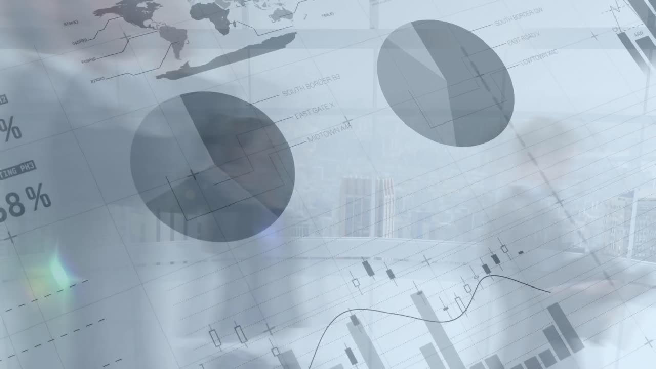 animación del procesamiento de datos financieros sobre personas de negocios caminando en la oficina