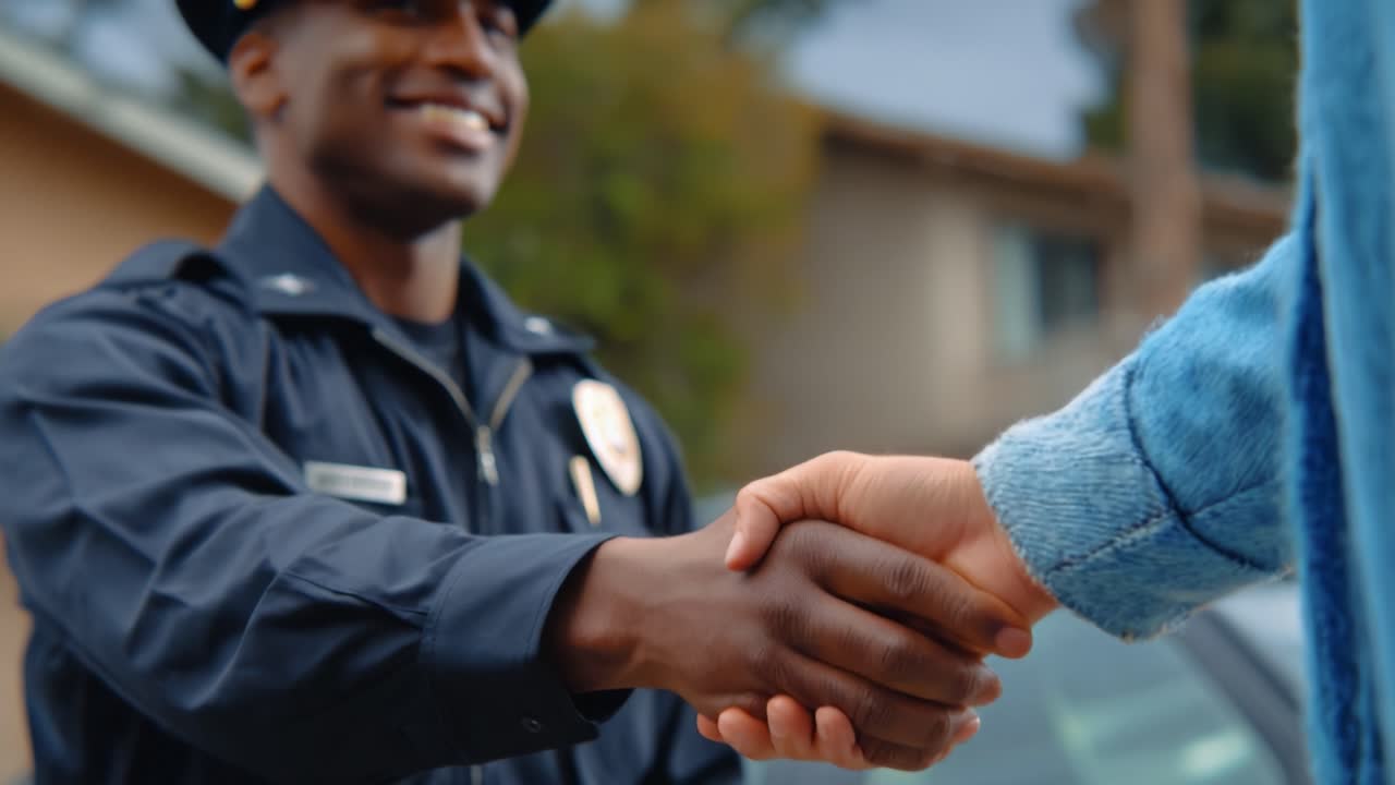 A Police Officer Engages in a Friendly Handshake with a Community Member, Highlighting the Importance of Positive Relations between Law Enforcement and the Public for Building Trust and Fostering Cooperation