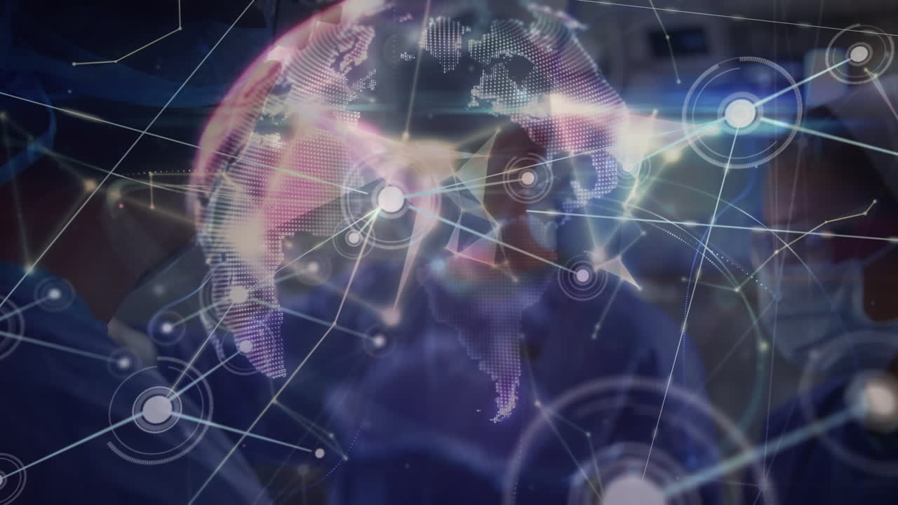 Animation of network of connections and globe over team of diverse surgeons during operation