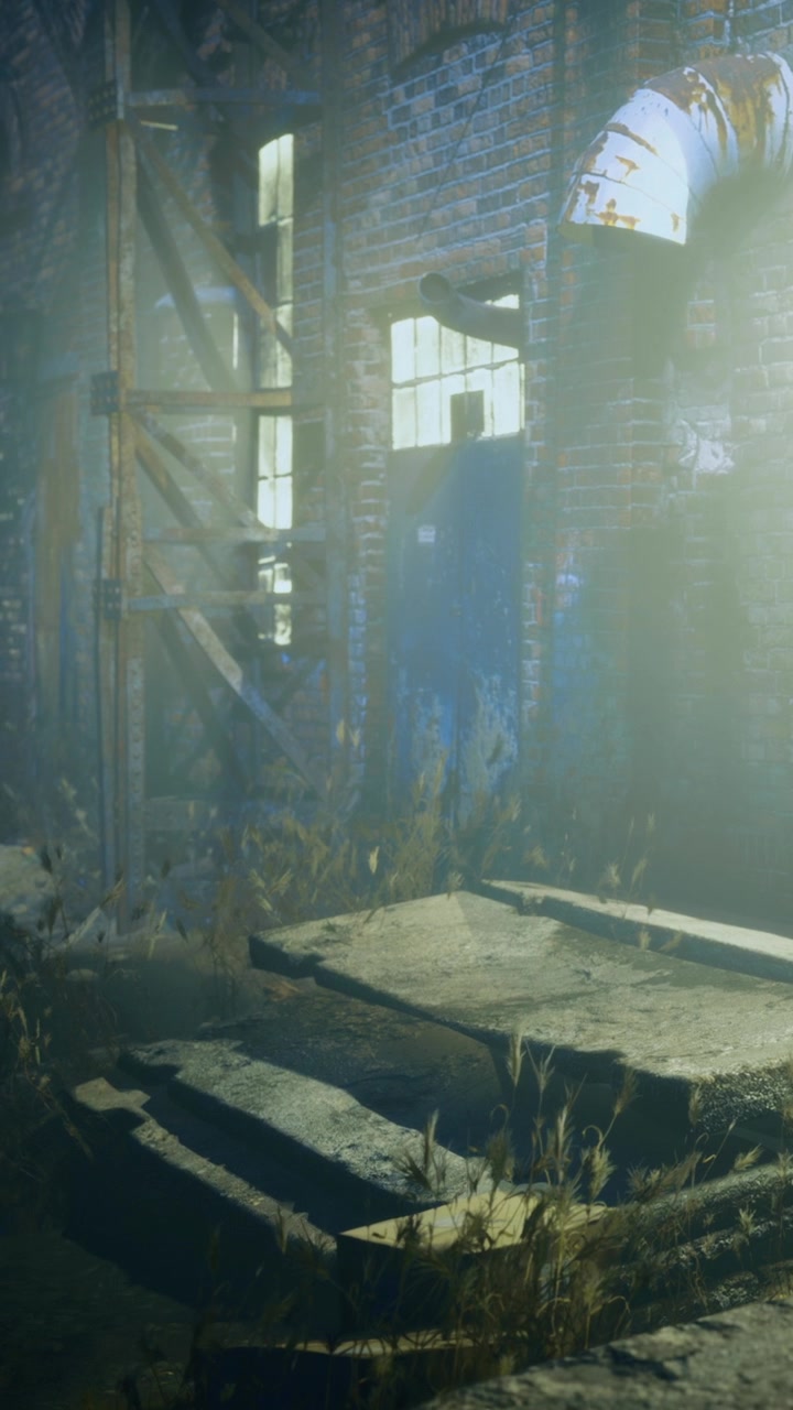 Spazio industriale misterioso illuminato da una luce eterea di sera.