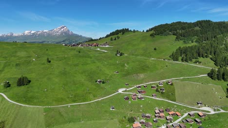 Flying-above-green-mountain-slope-meadow-and-small-village,-Switzerland