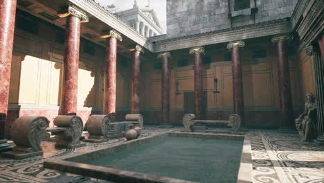 ancient roman courtyard with pool and ornate architecture during daylight