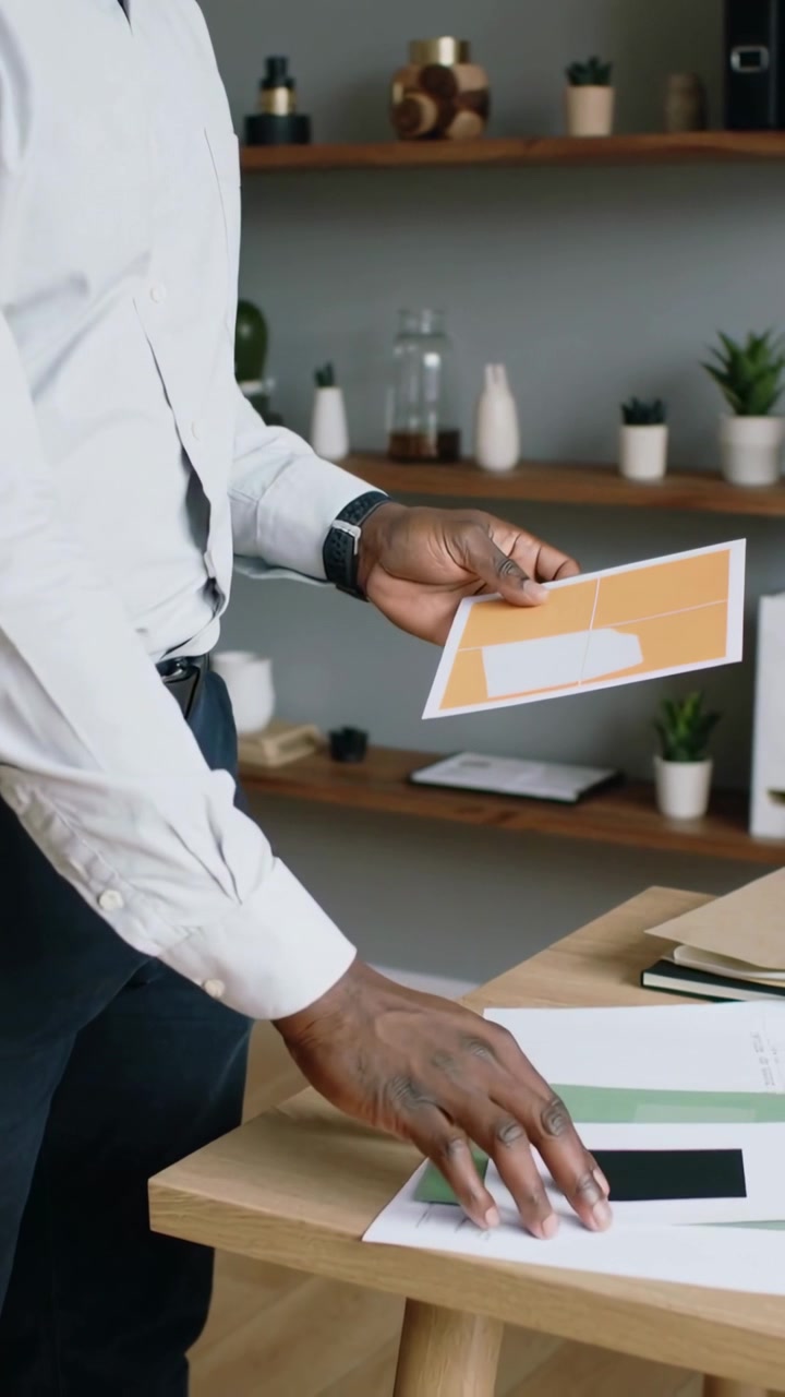 Vertical video: Holding orange card, man in white shirt checking layout of green sheet at desk
