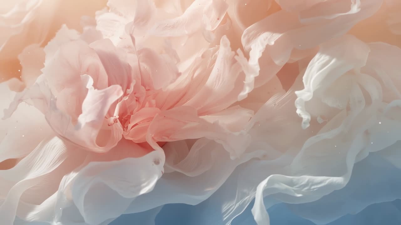 Unfurling ruffled pale-peach layers in studio with warm upper-left light revealing cool blue wash