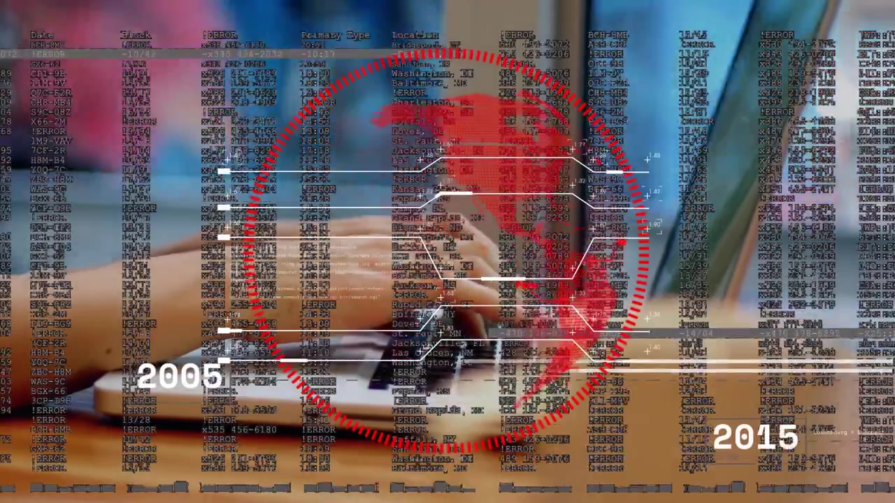 Globo rosso rotante che appare, mani che tengono un telefono e poi digitano su un laptop per visualizzare i dati della timeline