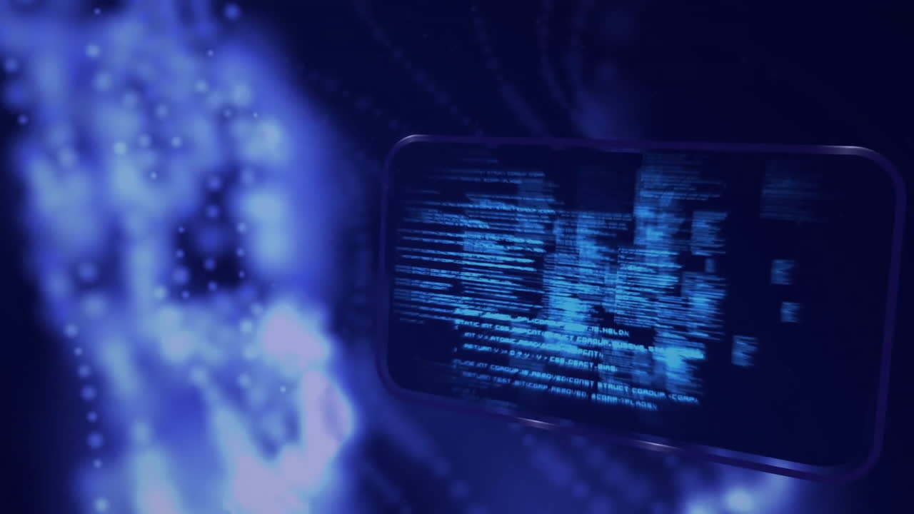 animación de una malla brillante y procesamiento de datos sobre un fondo oscuro