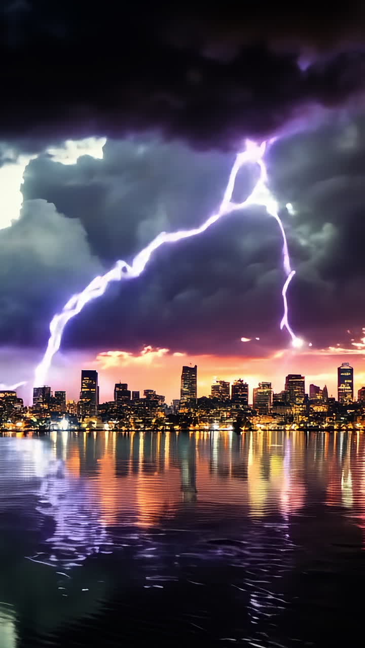 Stunning Thunderstorm Over City Skyline at Dusk. A dramatic thunderstorm lights up the city skyline at dusk, with flashes of lightning reflecting on the water below.