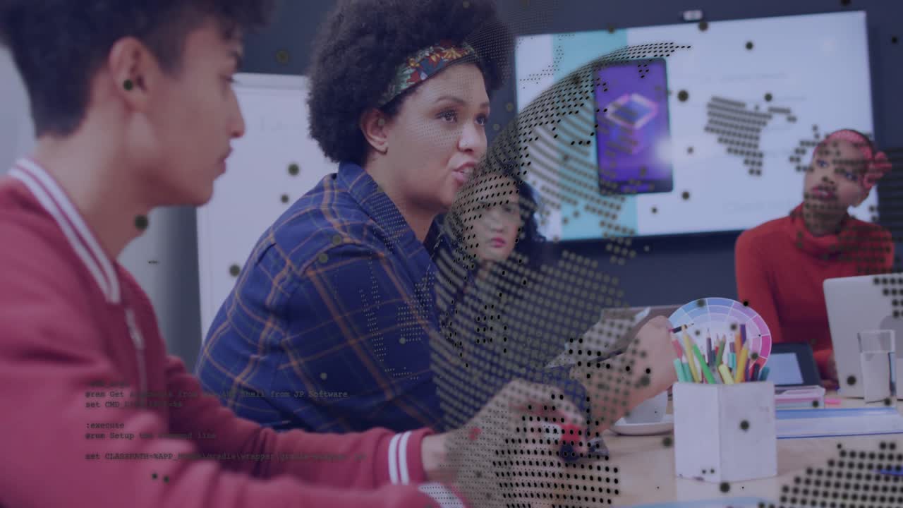 Woman in blue plaid shirt initiating design review with animating world map and code overlay