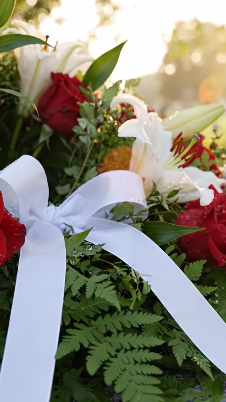 Un Hermoso Arreglo Floral con Rosas Rojas y Lirios Blancos Adornando una Tumba, Simbolizando el Recuerdo y el Amor en un Entorno de Cementerio Pacífico.