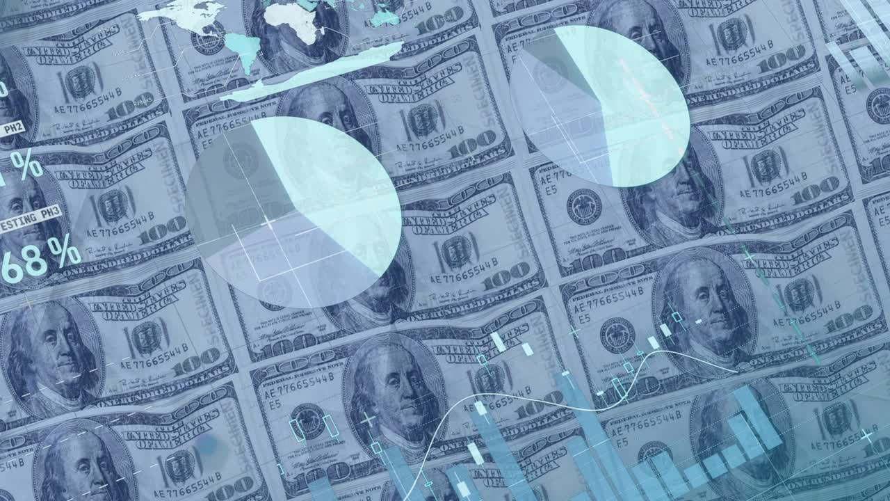animación del procesamiento de datos financieros sobre billetes de dólares estadounidenses