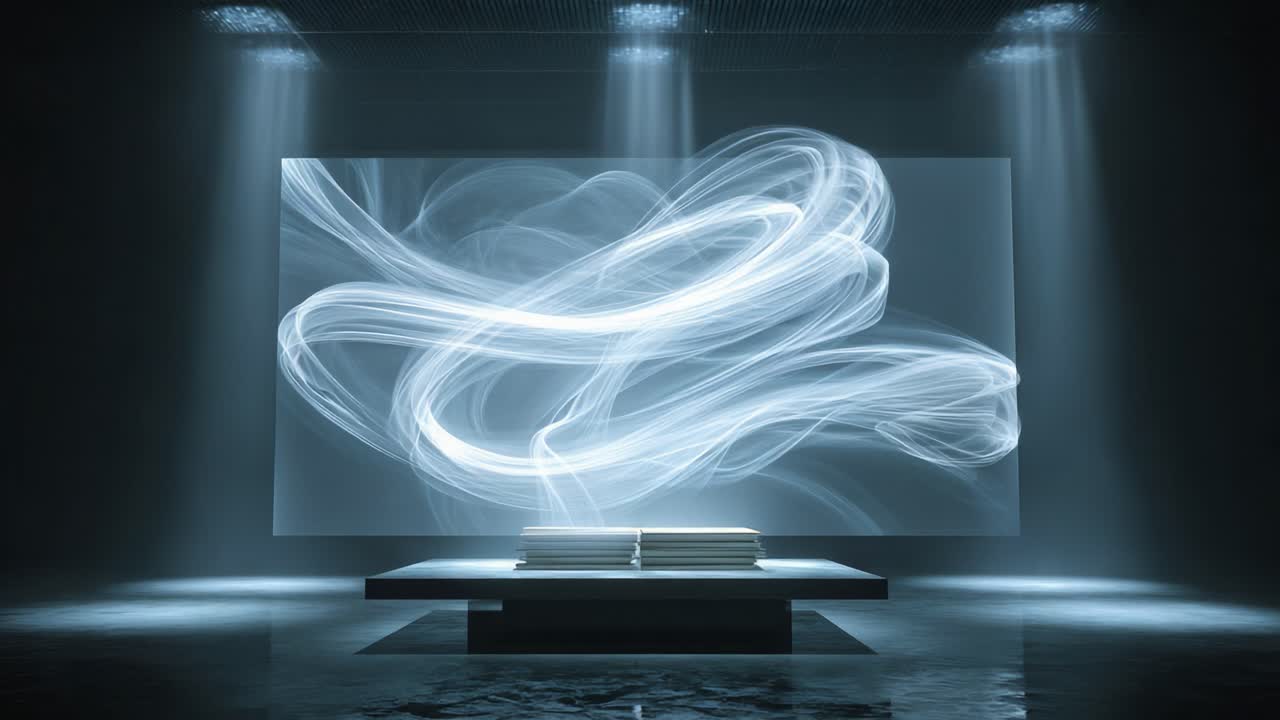 Abstract blue light trails forming an ethereal shape over a futuristic server in a dark, spotlit data center, eventually dissolving to reveal the technological equipment in a modern interior