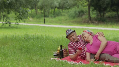 picnic familiar de fin de semana. una pareja de abuelos mayores en el parque usando un teléfono inteligente, navegación en línea, chat