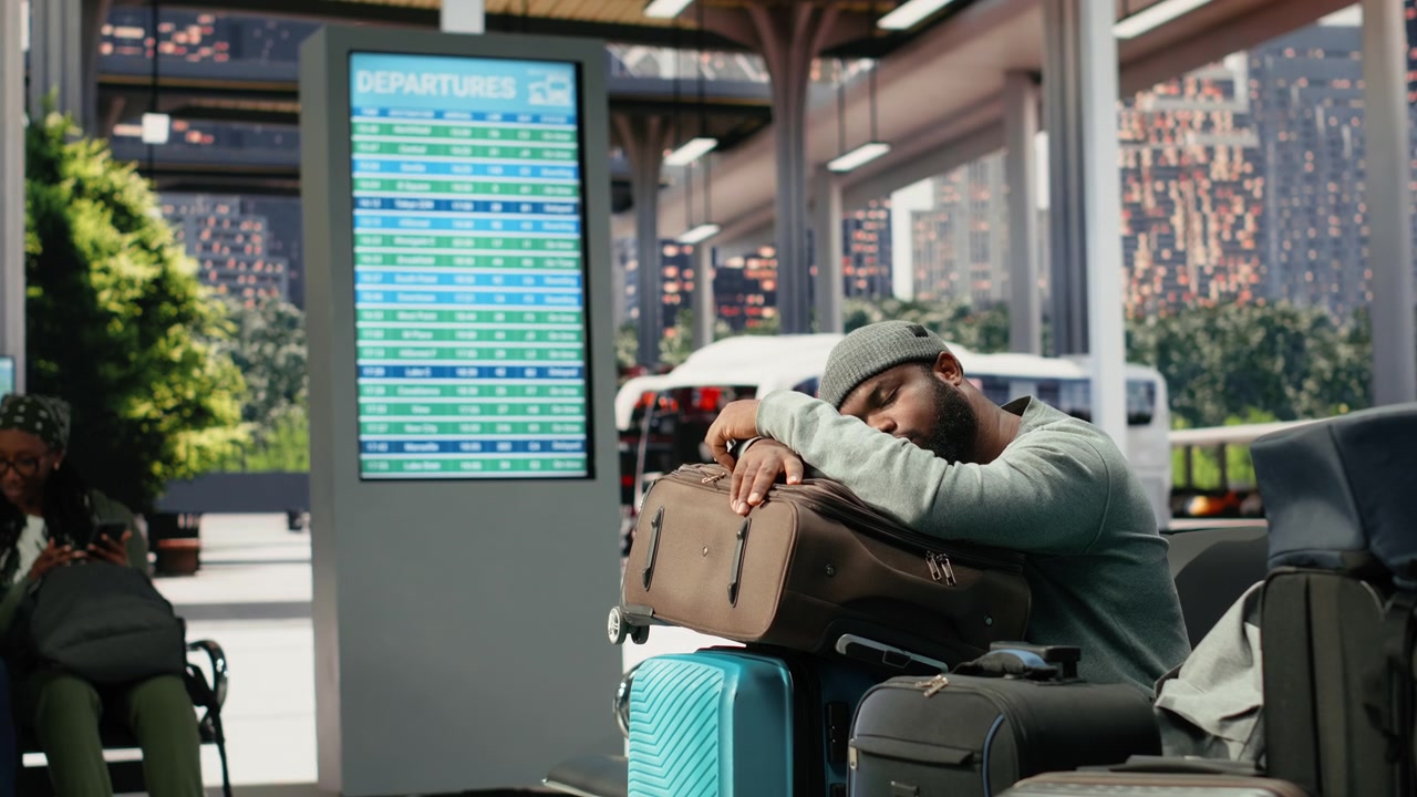 Primo piano di un viaggiatore stanco che sonnecchia su un carrello nel terminal degli autobus