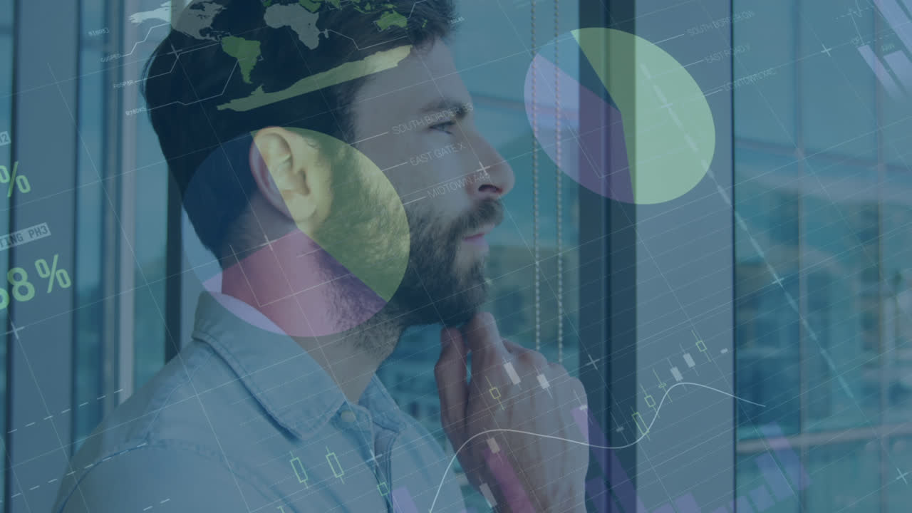 Animation of financial graphs over thoughtful caucasian businessman looking outside window
