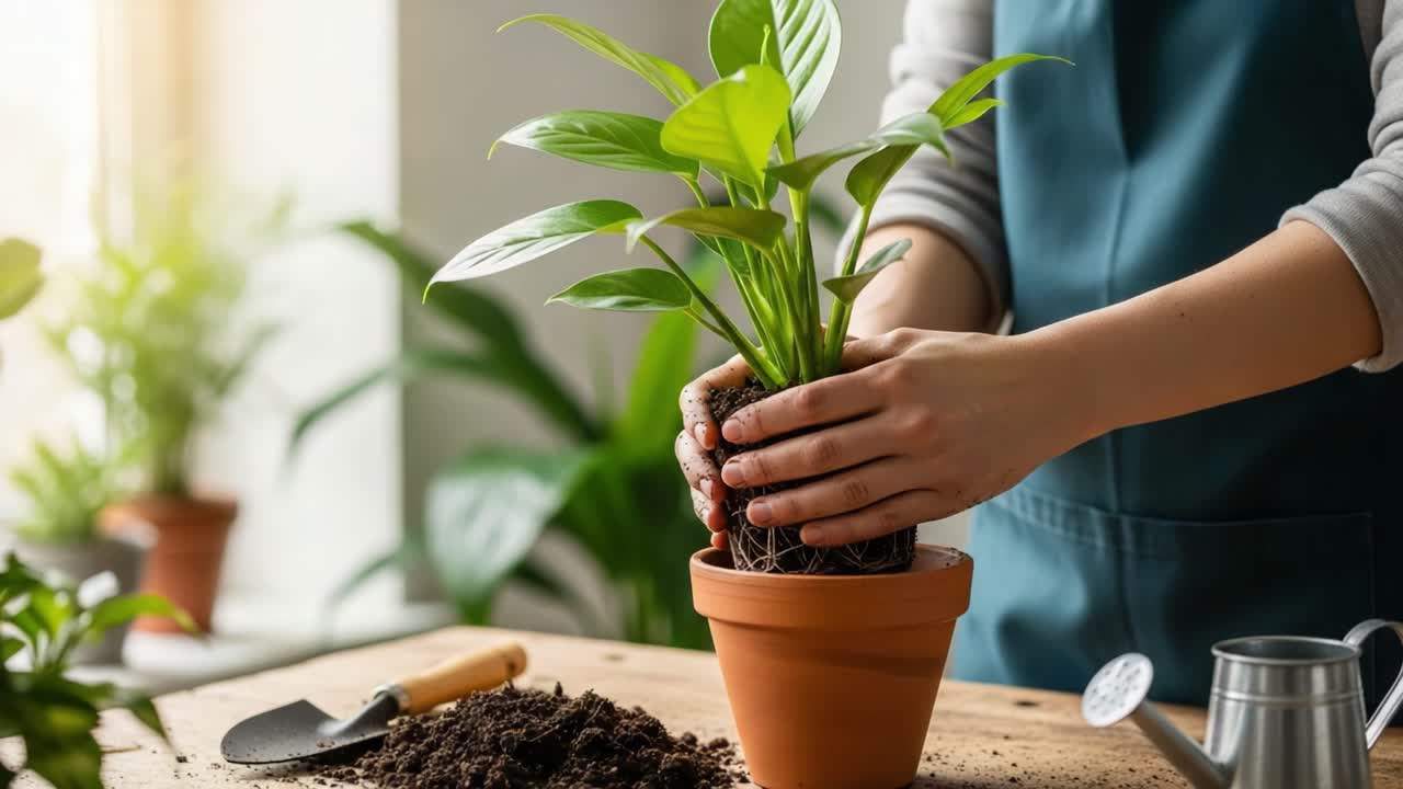 A Beginner's Guide to Potting Plants: Steps for Repotting with Care, Showing Plant Roots and Soil in a Bright, Greenery-Filled Environment