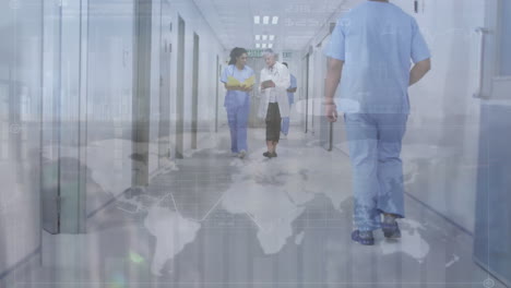 animation of world map over diverse doctors walking on hospital corridor