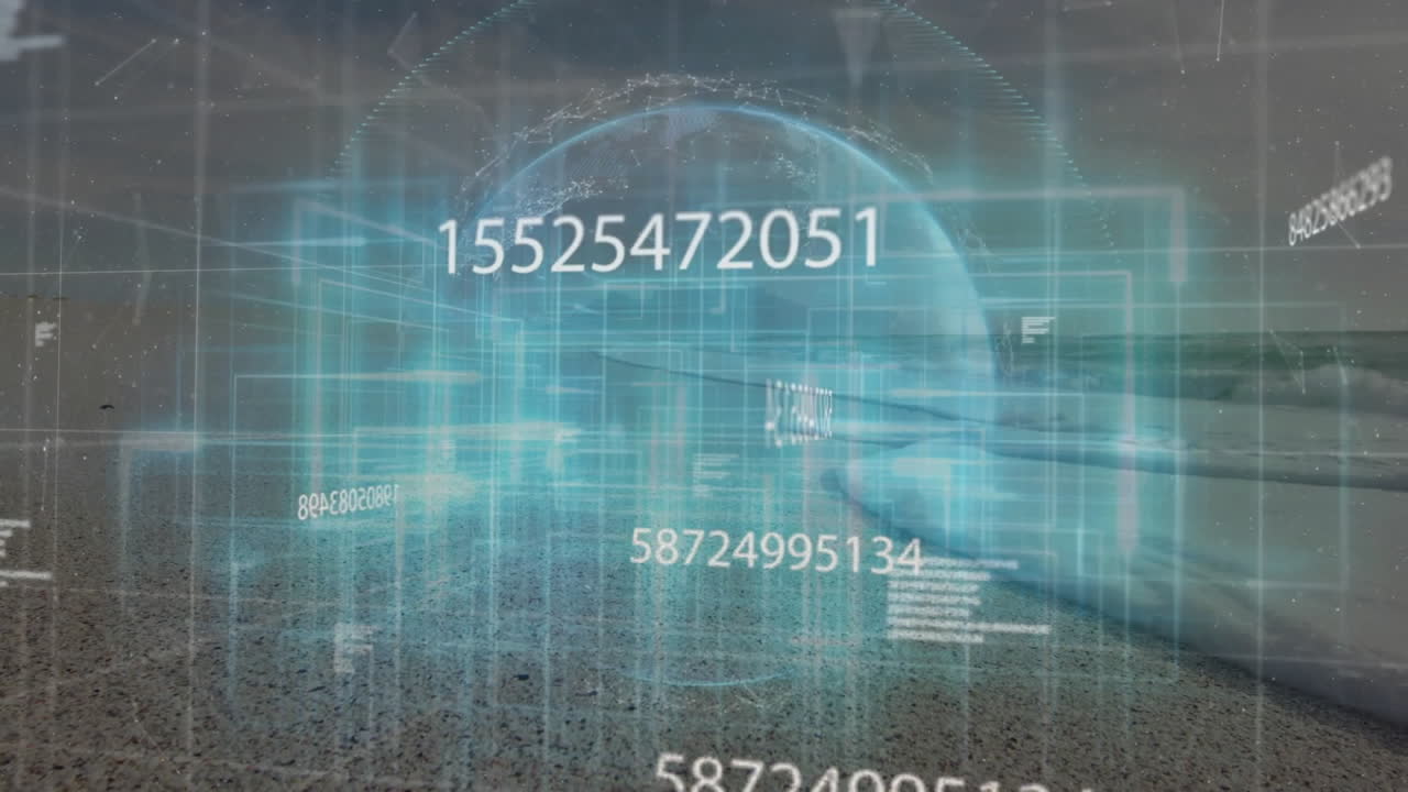 Digital data and numbers overlaying futuristic grid and globe animation