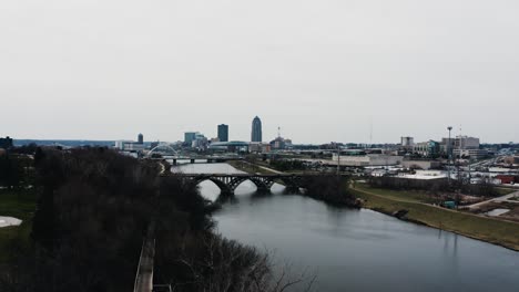 drone shot of bridges crossing over the des moines river in iowa