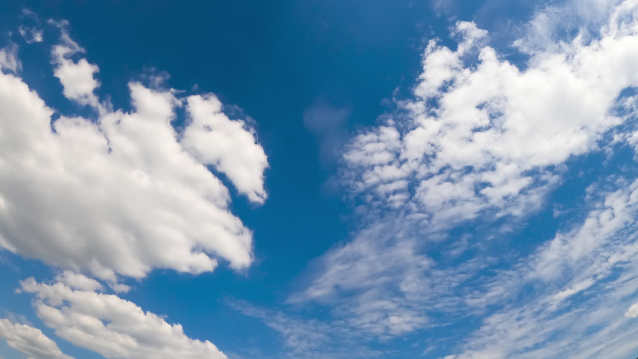 Azure skies with soft clouds floating around. Summer day horizon from low angle view. Timelapse.