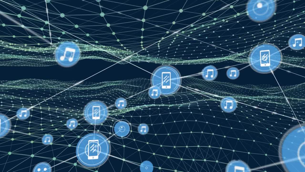 animación de una red de iconos digitales sobre una onda digital contra un fondo azul.