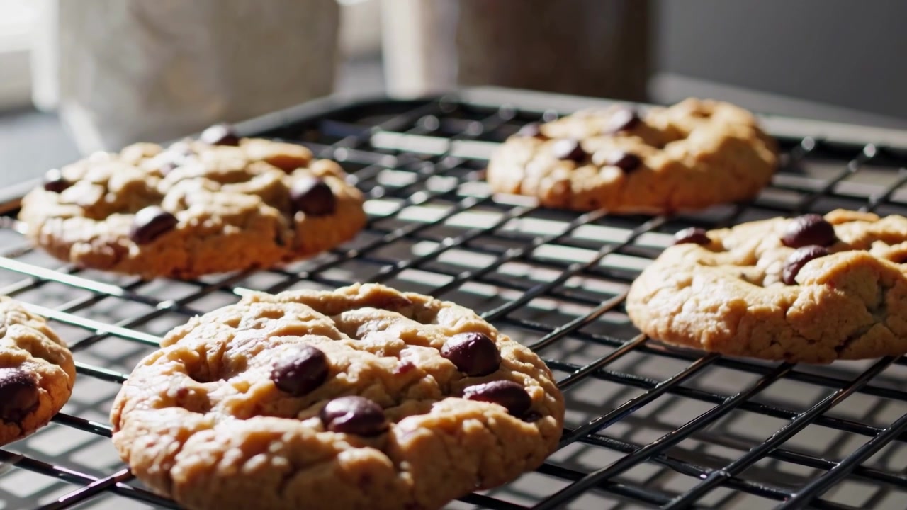 Freshly Baked Chocolate Chip Cookies Cooling on a Wire Rack
