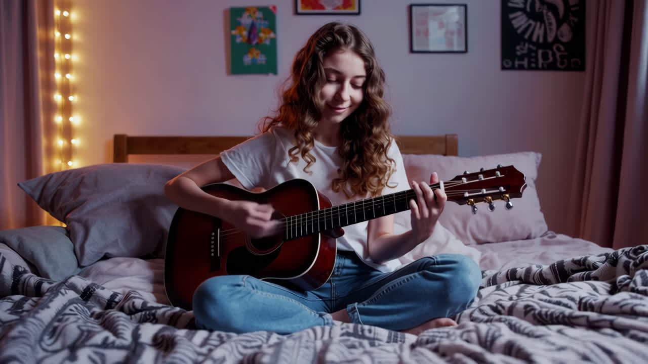 Ung kvinna som spelar akustisk gitarr på sängen i sovrummet