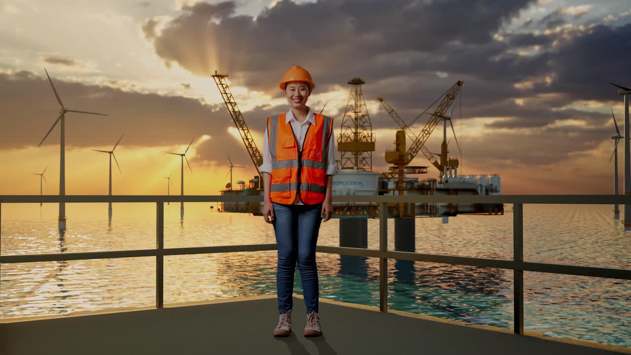 ingeniera en una plataforma de parques eólicos en alta mar al atardecer