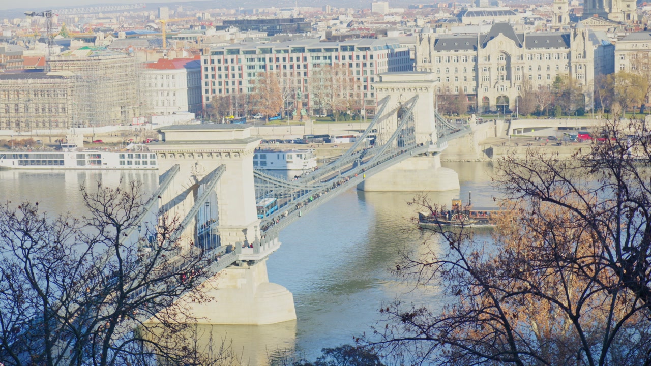 Chain Bridge in Budapest over Danube River framed by trees with city buildings background