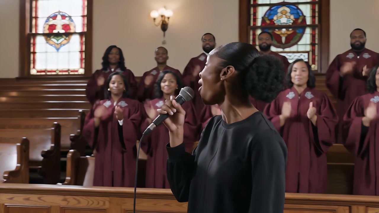 Cantante solista donna che canta, proiettando la voce dal soppalco della chiesa, con abiti bordeaux scintillanti, applausi e microfono.