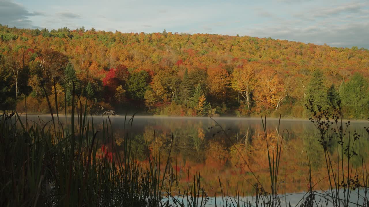 niebla moviéndose en el lago lapso de tiempo, hermosa escena del lago durante el otoño
