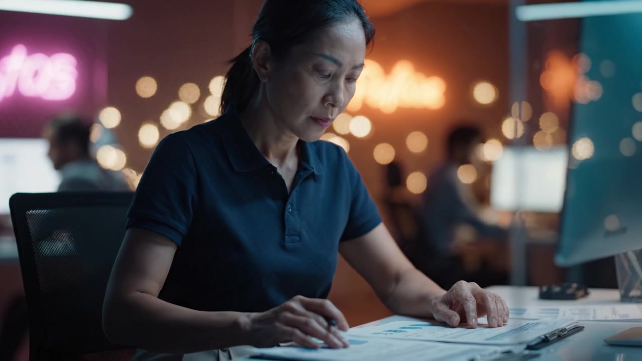 A focused professional analyzes charts and documents in an illuminated workspace, showcasing dedication and attention to detail in her work environment.