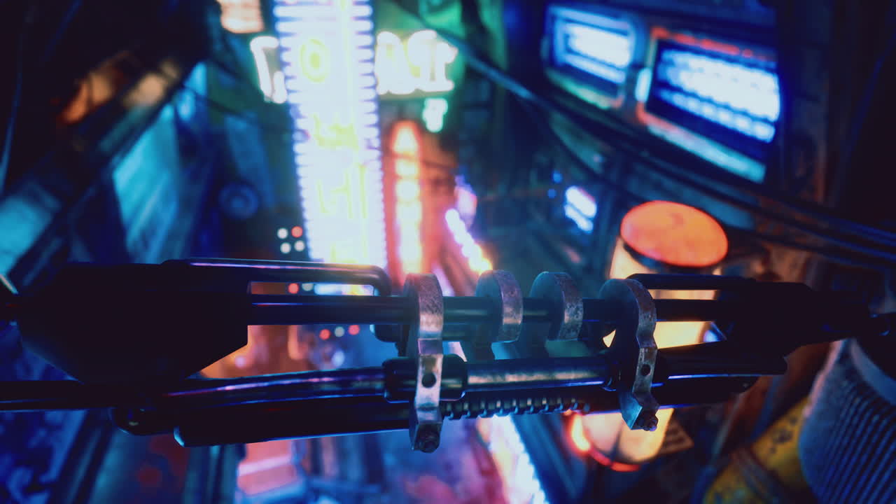 Dynamic view of a neon lit urban alley with futuristic details at night