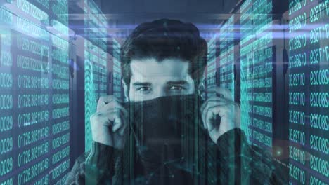 Portrait-of-man-covering-his-face-with-network-of-computer-servers-and-computer-data-processing-in-t