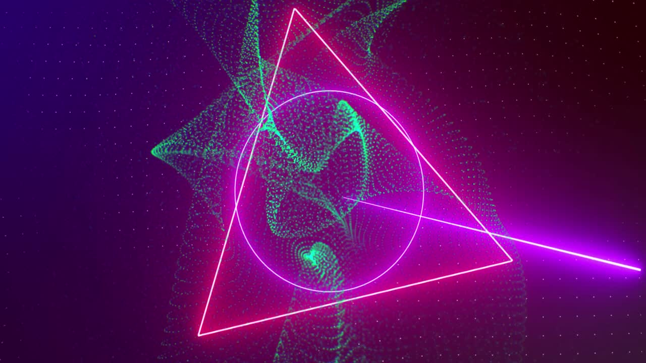 Animation of neon shapes and green waves on violet background