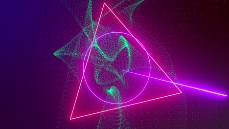 Animation-of-neon-shapes-and-green-waves-on-violet-background
