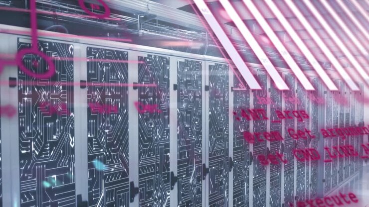 Animation of statistical data processing and microprocessor connections against computer server room