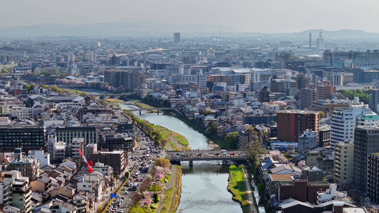 Aerial drone view of Kyoto, Japan in daylight