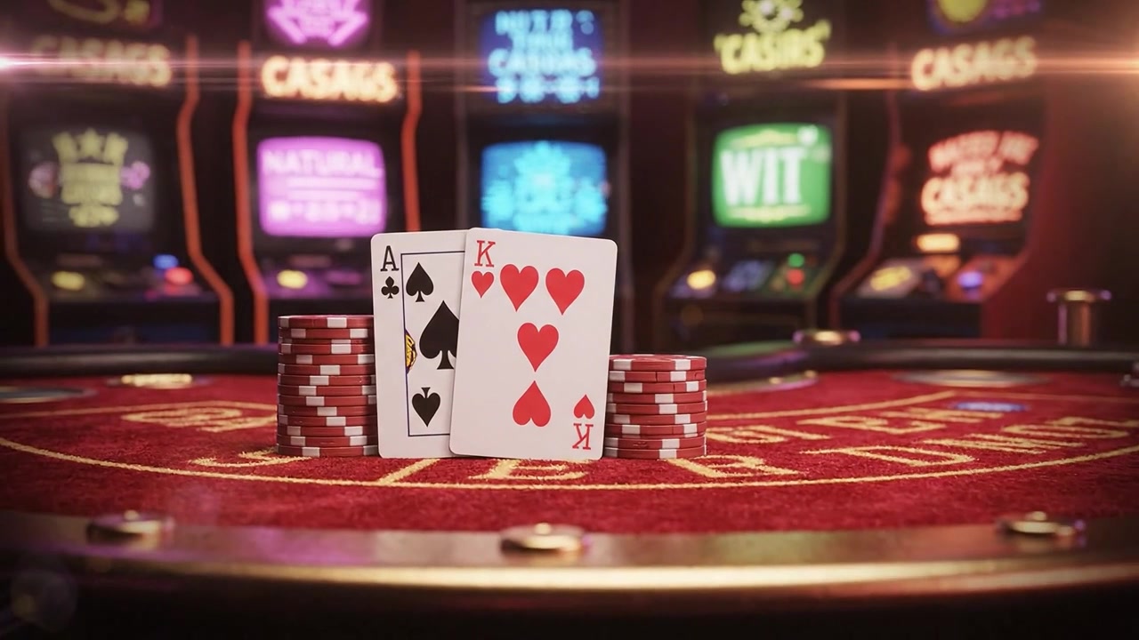Momentos emocionantes en el casino: Un primer plano de cartas de juego y fichas en una mesa de fieltro, rodeado de coloridas máquinas tragamonedas y ambiente de casino.
