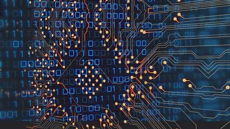Animation af binær kodning over et computerkredsløbskort