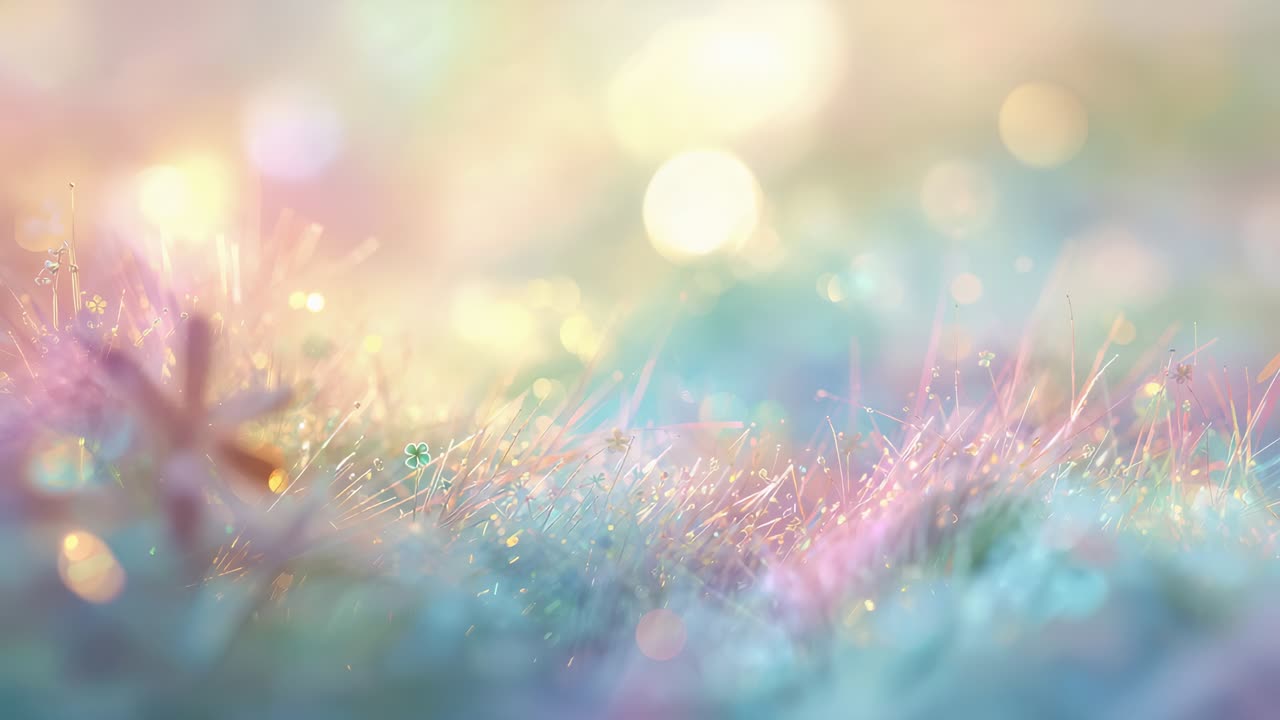 Die wandernde Sonne und eine leichte Brise lassen taufrische Grashalme auf einer Wiese mit vierblättrigem Klee im Licht glänzen.