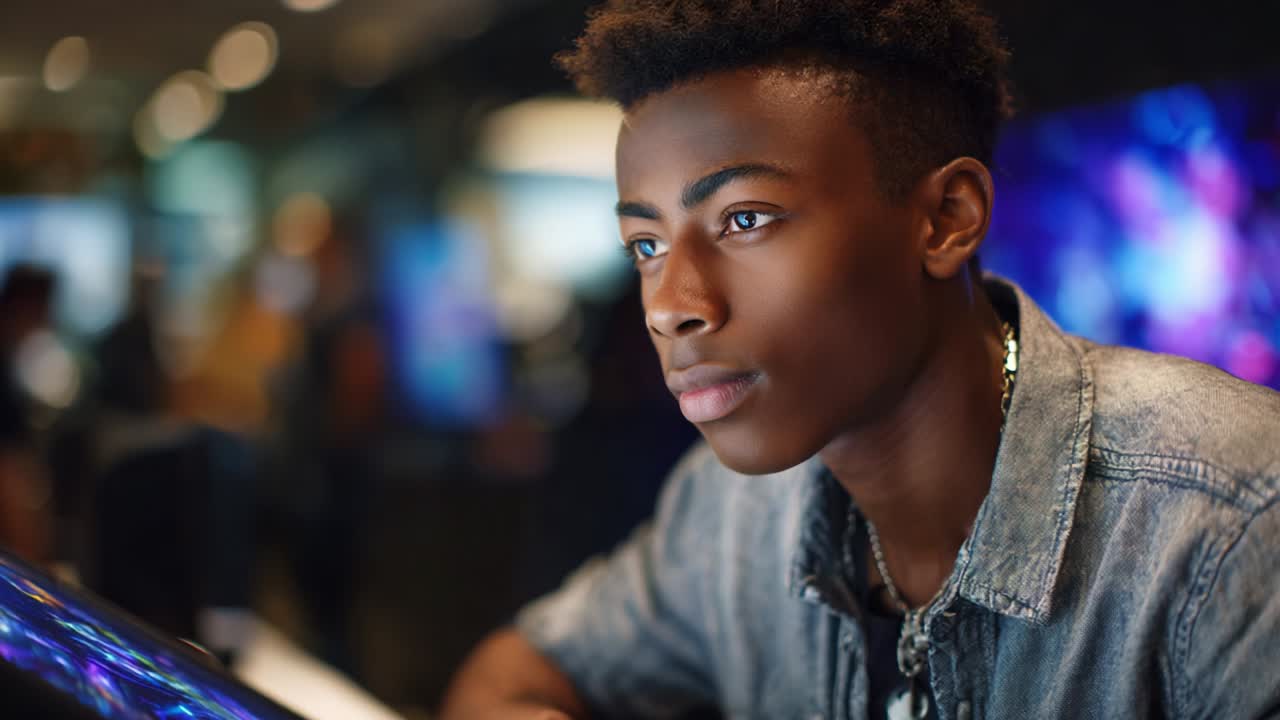 A young man deeply engrossed in thought, gazing intently at a digital screen surrounded by a vibrant atmosphere filled with colorful displays and softly blurred activity in the background