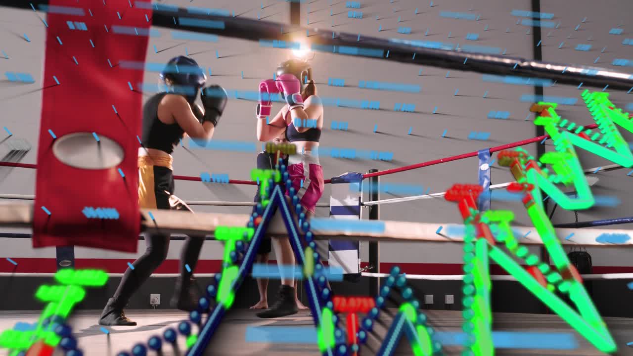 Pink boxer in ring stepping in, trading jabs and counters, boxing overlay tracking punches to score