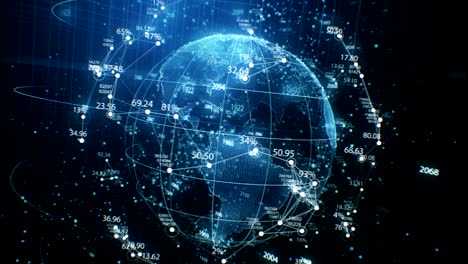 earth planet hologram and network grid with numbers seamless rotation in cyberspace elements. looped 3d animation. futuristic business and technology concept