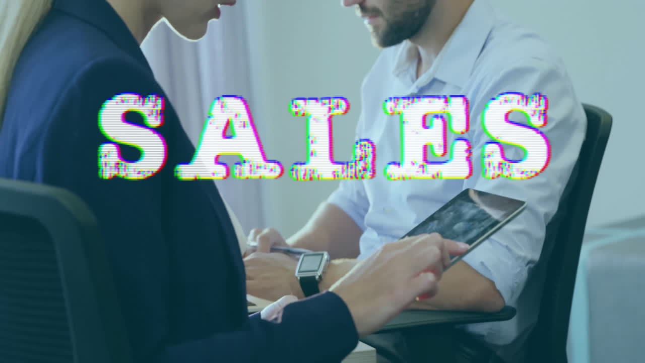 Discussing at office, business professionals with sales text animation on screen
