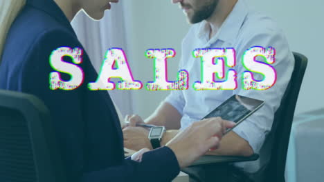 discussing at office, business professionals with sales text animation on screen