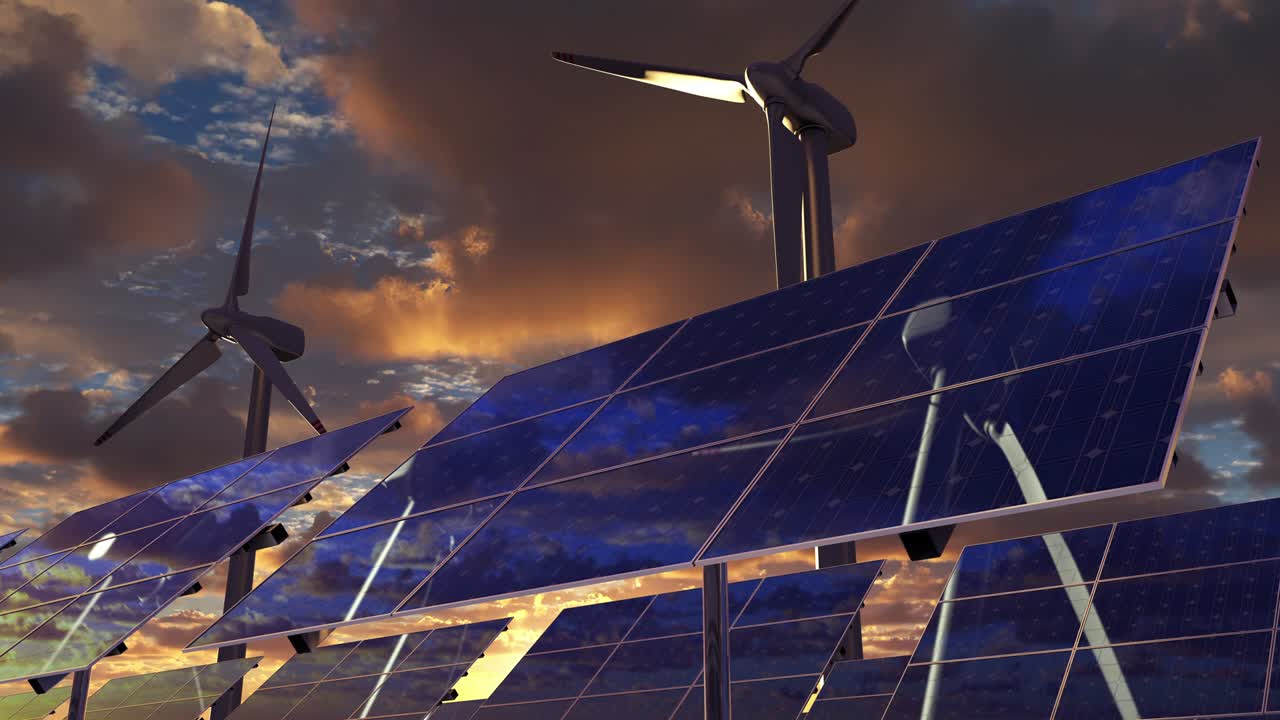 альтернативная энергия с турбинным генератором и солнечными панелями на электрической ферме