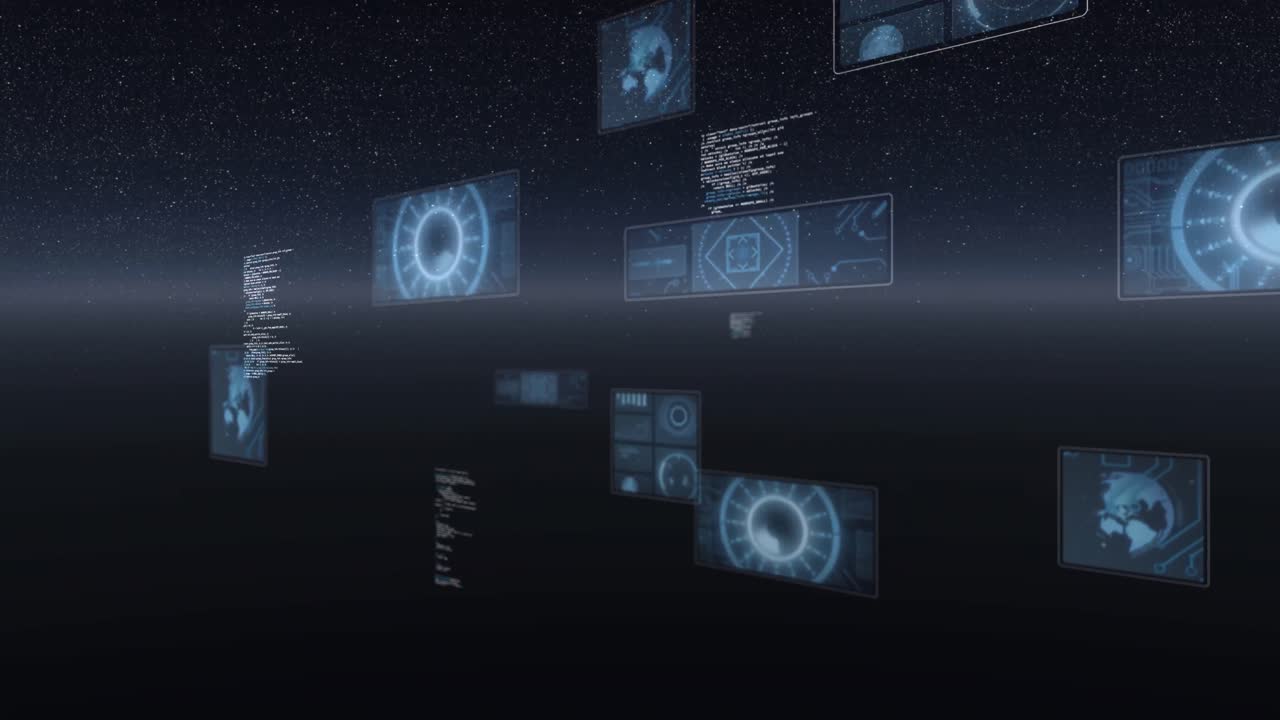 Animation of scope scanning, statistics recording, globe spinning and data processing on screens
