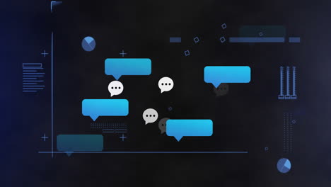 Animation of media icons and diagrams on black background